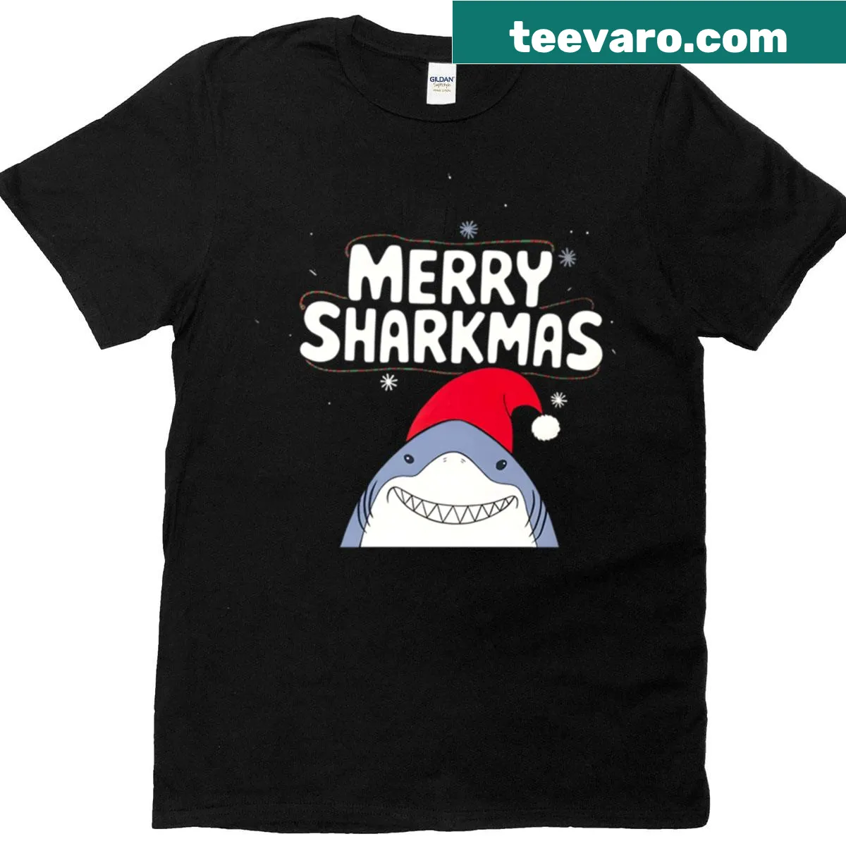 Funny Christmas T-shirt featuring a Santa shark for Sharkmas. — on a men's t-shirt