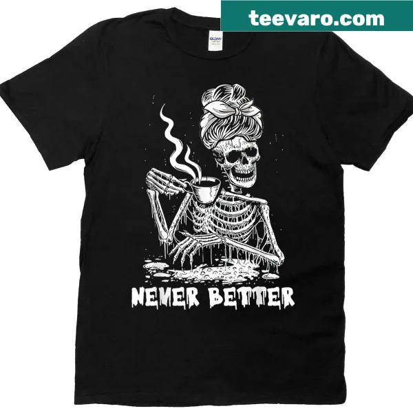 Skeleton with messy bun graphic for a fun Halloween T-shirt.