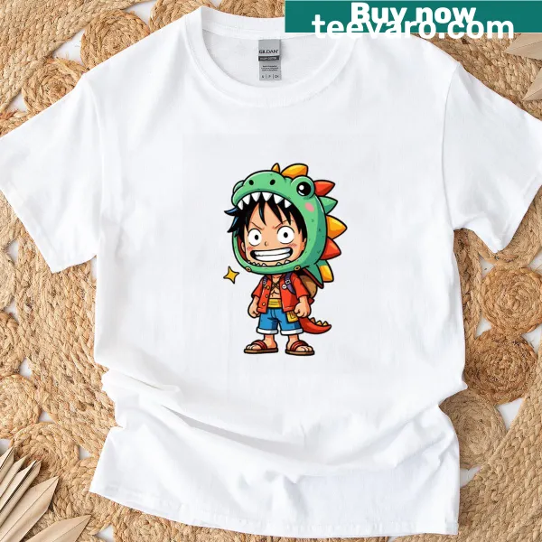 Chibi-style illustration of Monkey D Luffy on a T-shirt