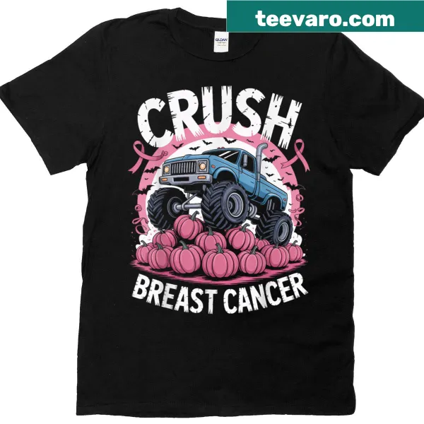 Illustrative T-shirt with a monster truck crushing pumpkins for awareness
