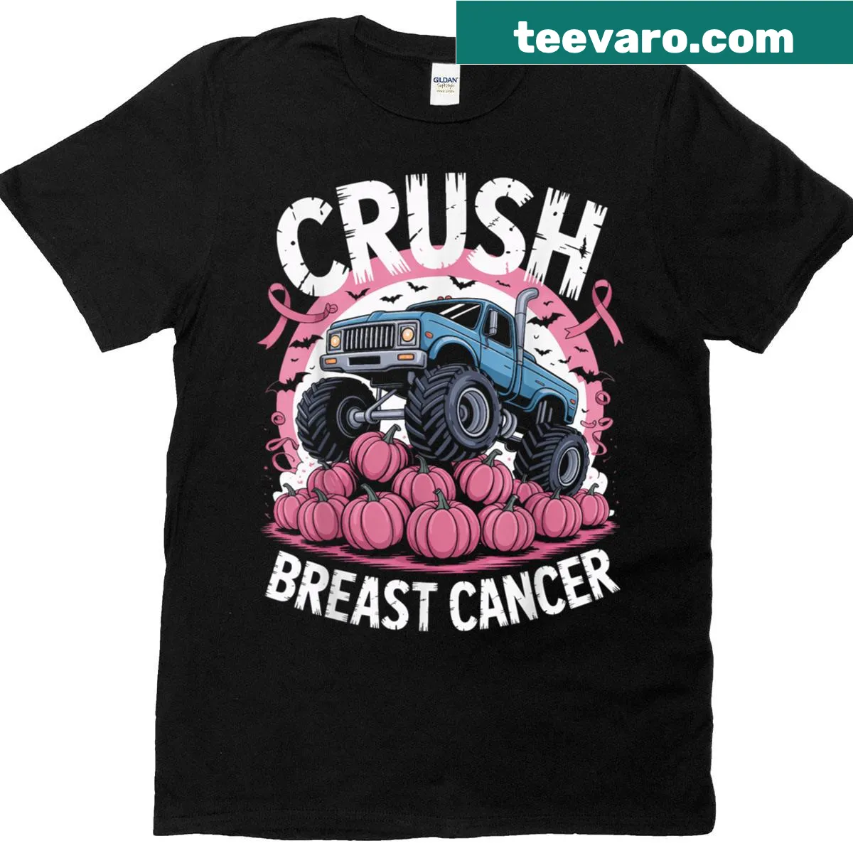 Illustrative T-shirt with a monster truck crushing pumpkins for awareness — on a men's t-shirt