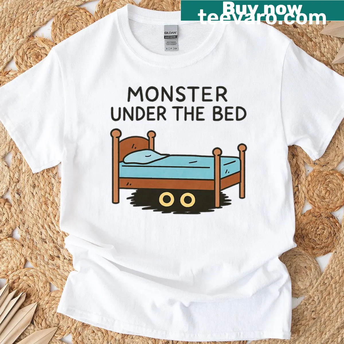 T-shirt with a playful illustration of a monster under the bed — on a men's t-shirt