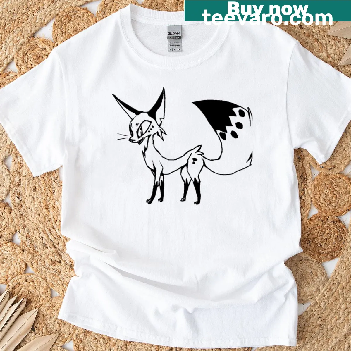 T-shirt with a playful fox design in black ink — on a men's t-shirt