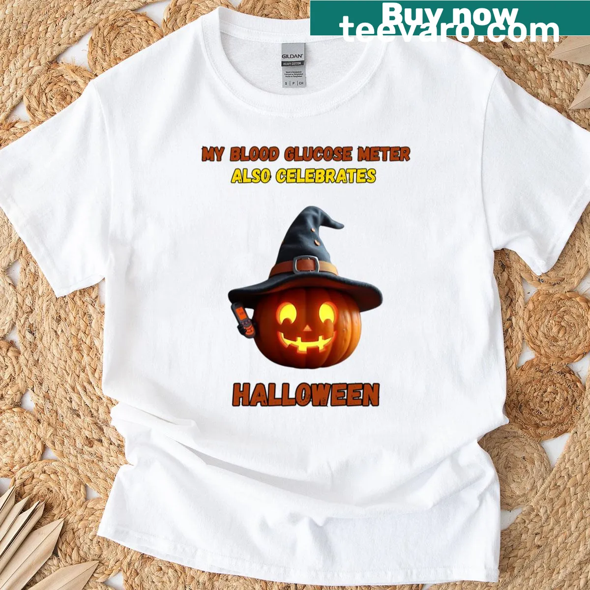 Funny Halloween t-shirt about blood glucose management. — on a men's t-shirt