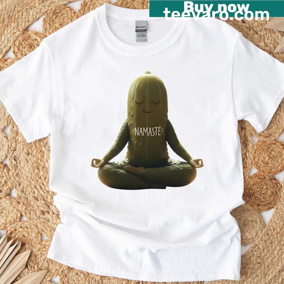 Illustration of a cucumber practicing yoga on a casual T-shirt — on a men's t-shirt