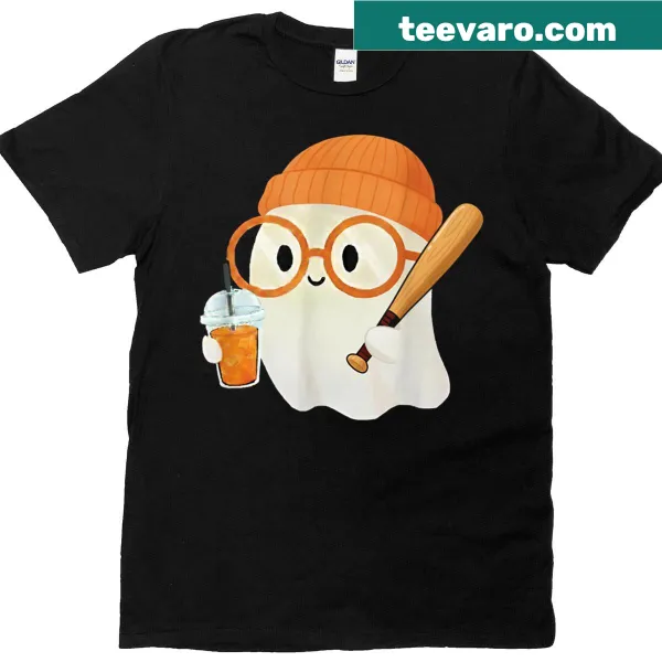 Cartoon ghost in orange glasses on a T-shirt for Halloween