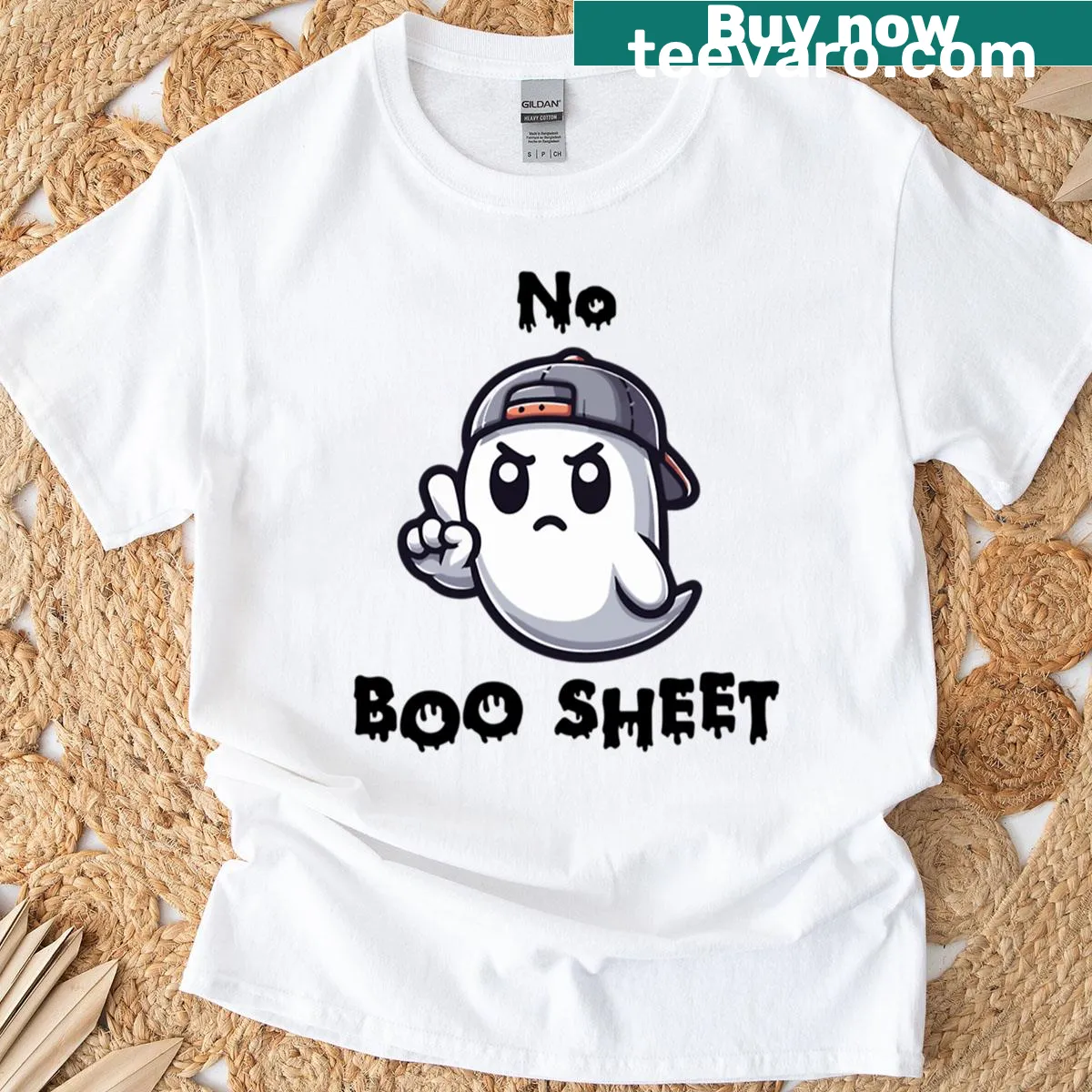 Cheeky Halloween ghost graphic with text 'No Boo Sheet' — on a men's t-shirt