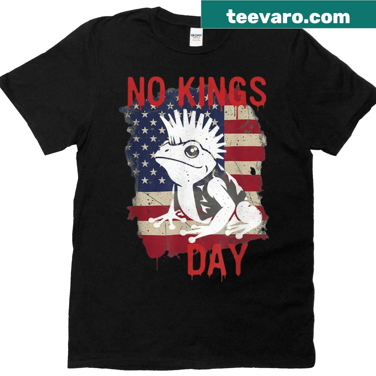 Frog illustration on a T-shirt commemorating No Kings Day protest. — on a men's t-shirt