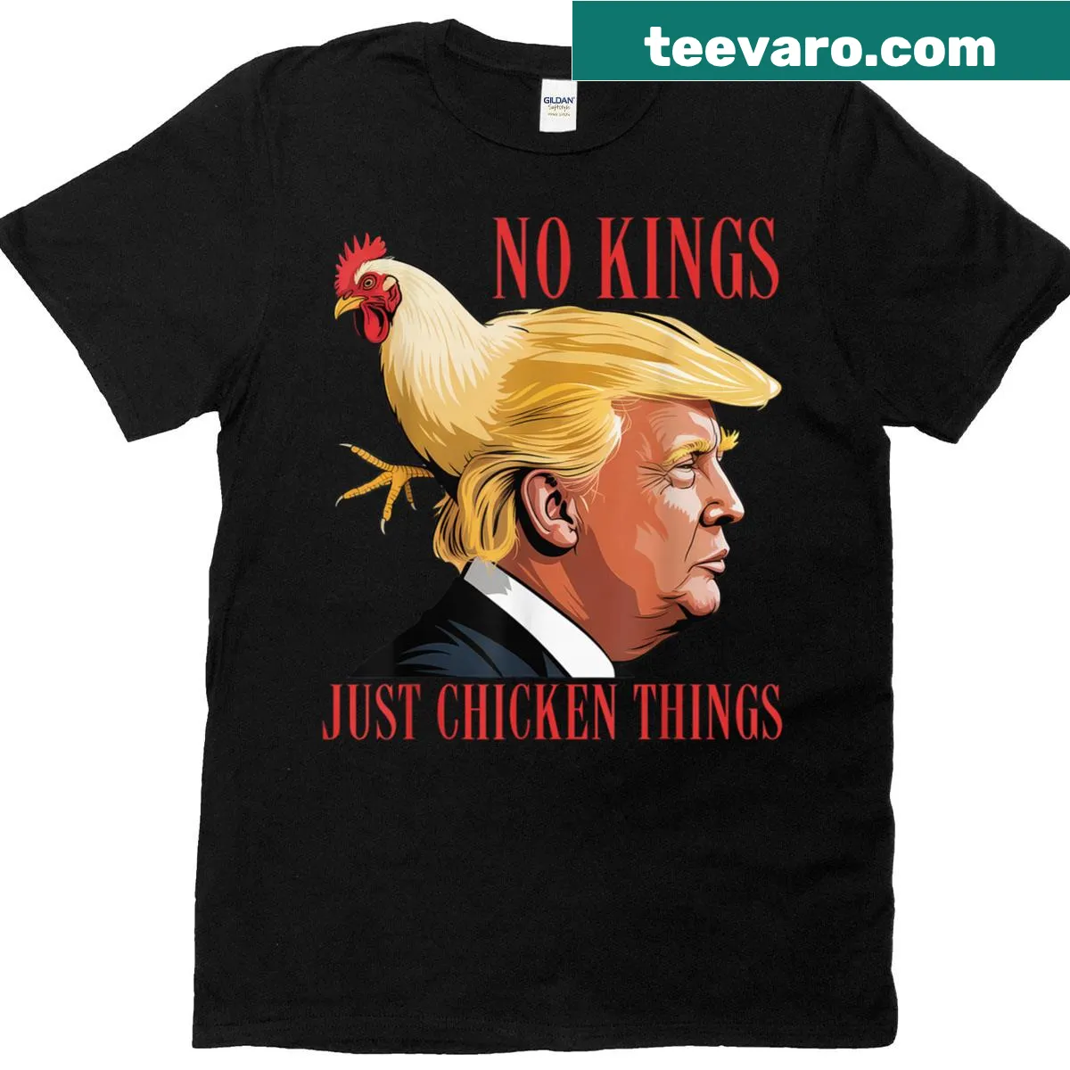T-shirt with the phrase 'No Kings Just Chicken Things' in a playful design. — on a men's t-shirt
