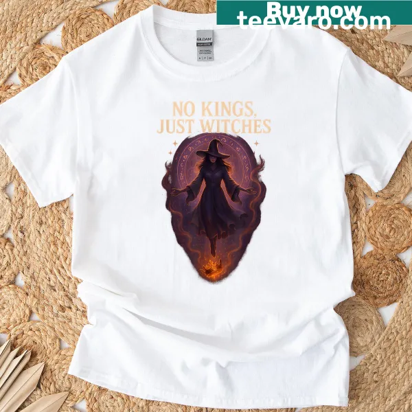 Funny Halloween t-shirt with 'No Kings Just Witches' text