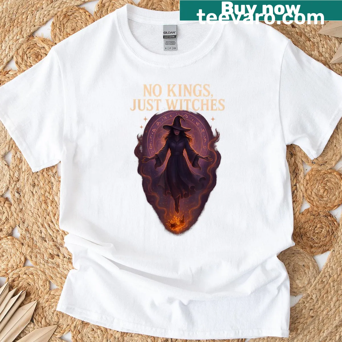 Funny Halloween t-shirt with 'No Kings Just Witches' text — on a men's t-shirt