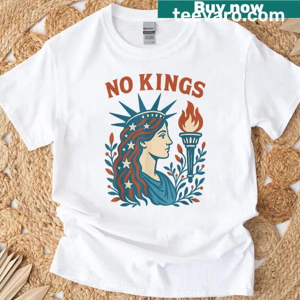 Retro graphic T-shirt with 'No Kings' and a Liberty theme.