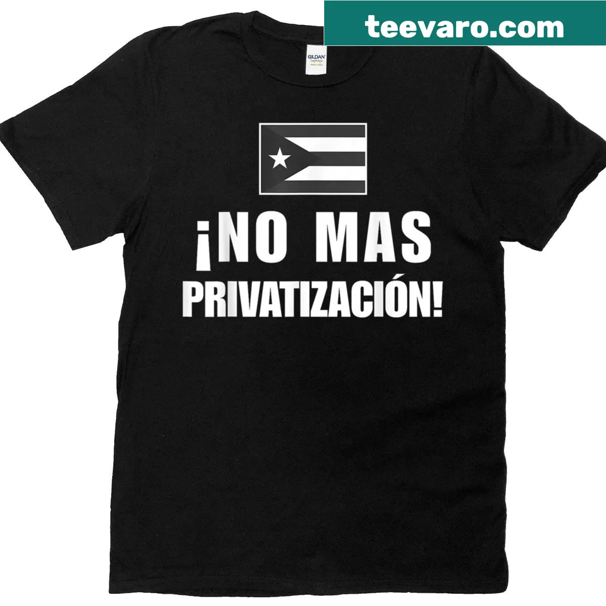 Black T-shirt with 'No Mas Privatizacion' and Puerto Rico flag design — on a men's t-shirt