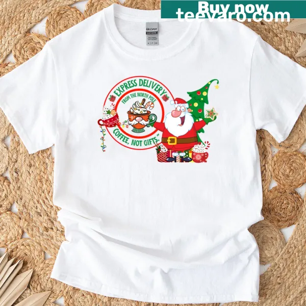 Vintage distressed T-shirt showing elves delivering gifts from North Pole with playful text