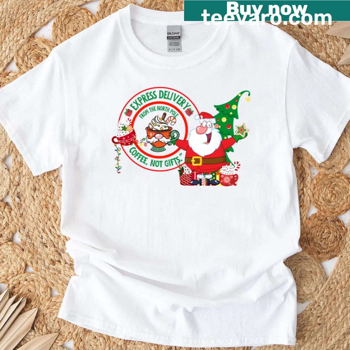 Vintage distressed T-shirt showing elves delivering gifts from North Pole with playful text — on a men's t-shirt
