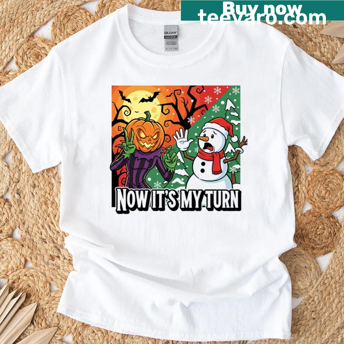T-shirt featuring a pumpkin snowman for Christmas and Halloween — on a men's t-shirt