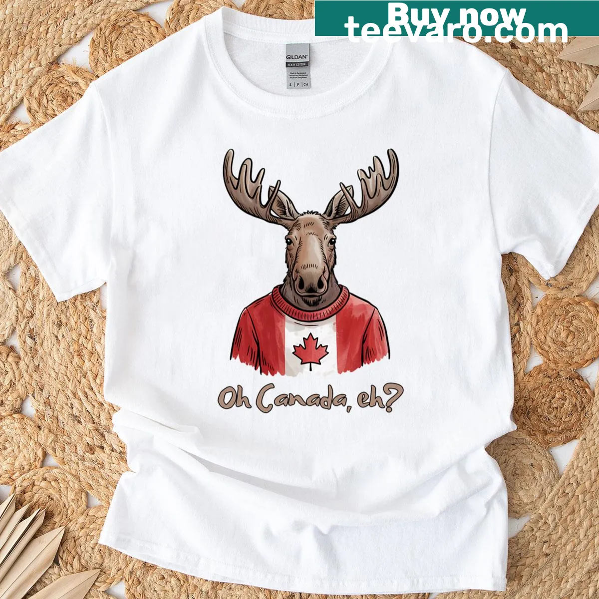 Funny moose illustration within a maple leaf design — on a men's t-shirt