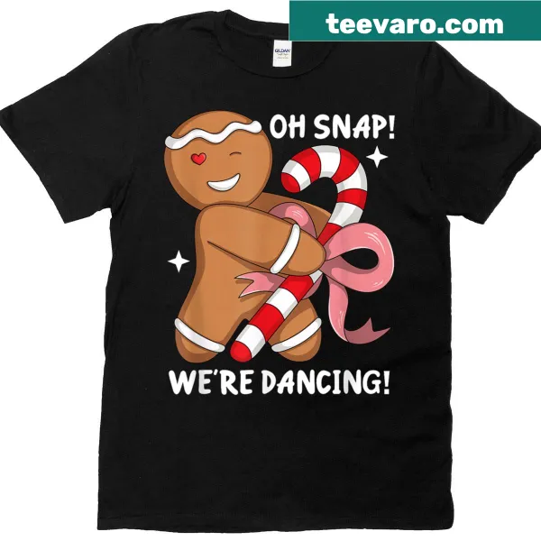 Cartoon of a dancing gingerbread man with candy canes on a T-shirt.