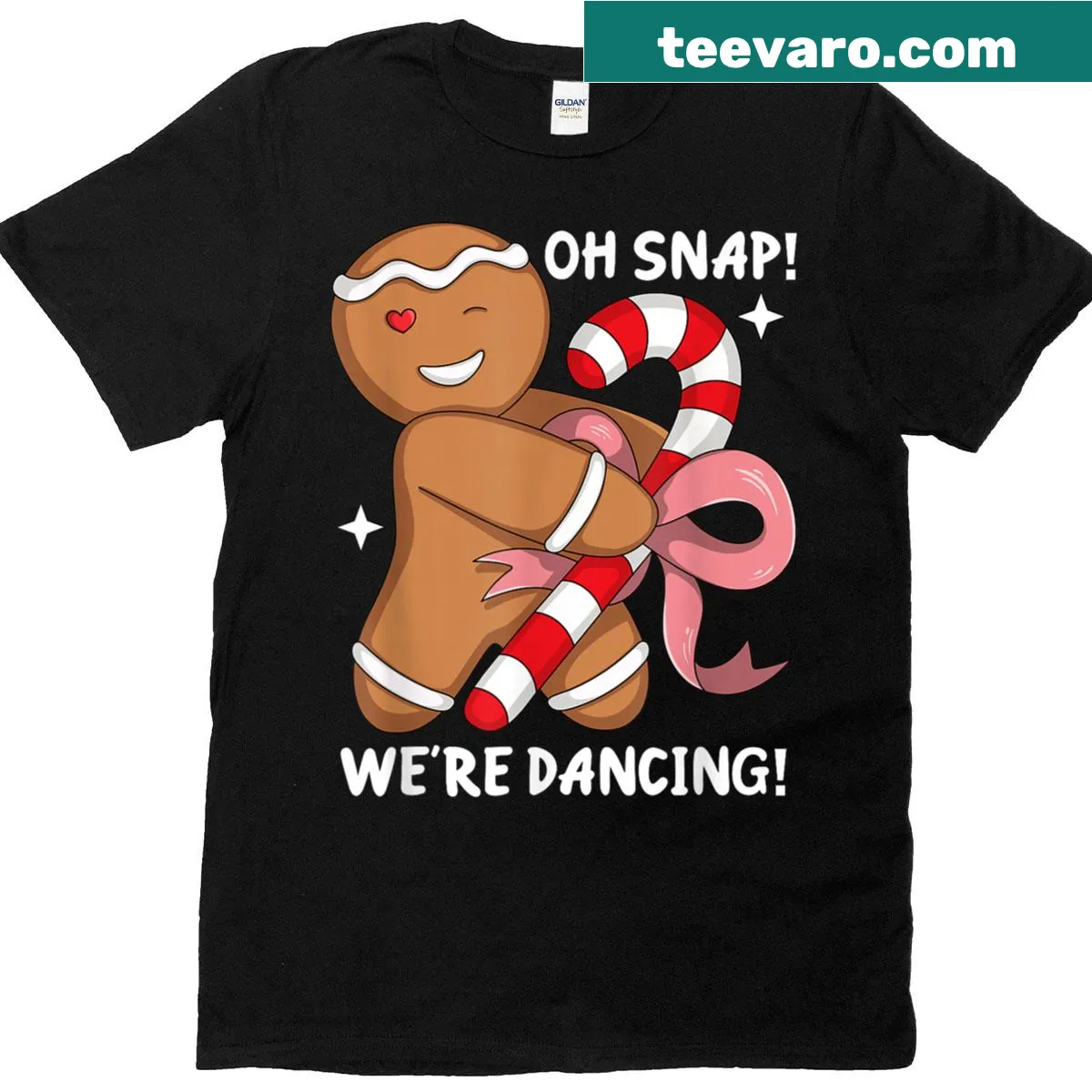 Cartoon of a dancing gingerbread man with candy canes on a T-shirt. — on a men's t-shirt