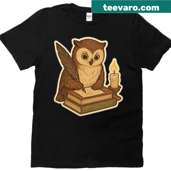 Artistic owl illustration writing a letter on a T-shirt