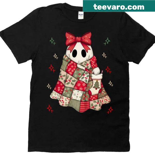 Cute patchwork ghost in Christmas blanket on a T-shirt