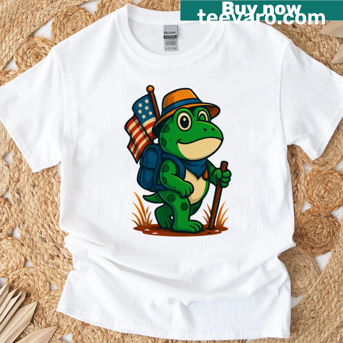 Vintage-style T-shirt with a funny patriotic frog design — on a men's t-shirt
