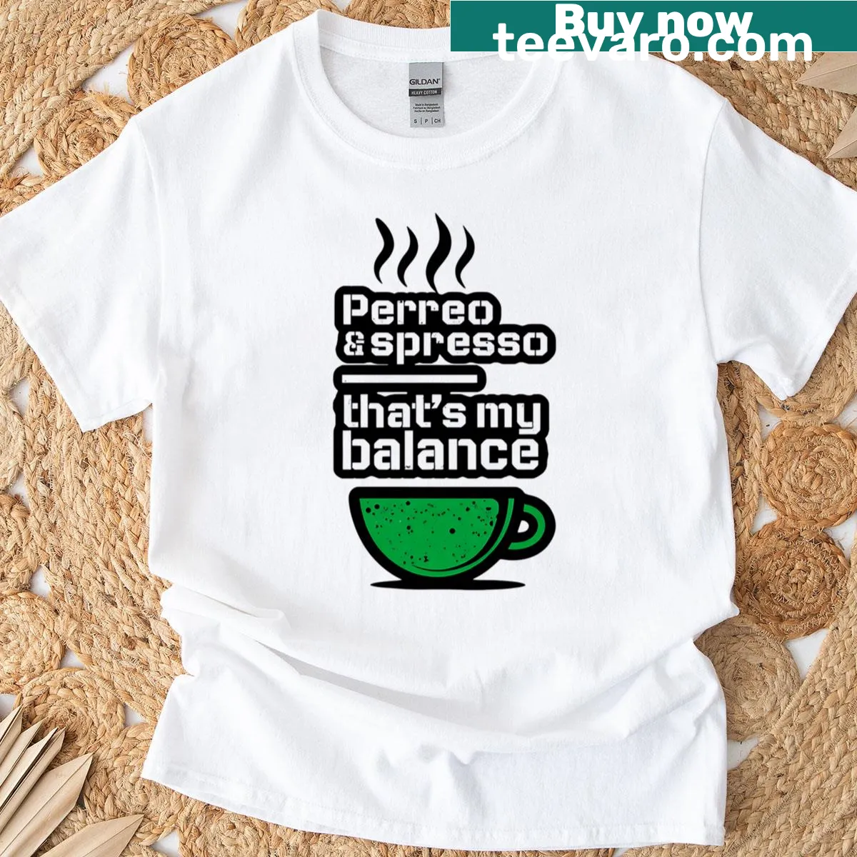 Funny T-shirt celebrating espresso and Latin music — on a men's t-shirt