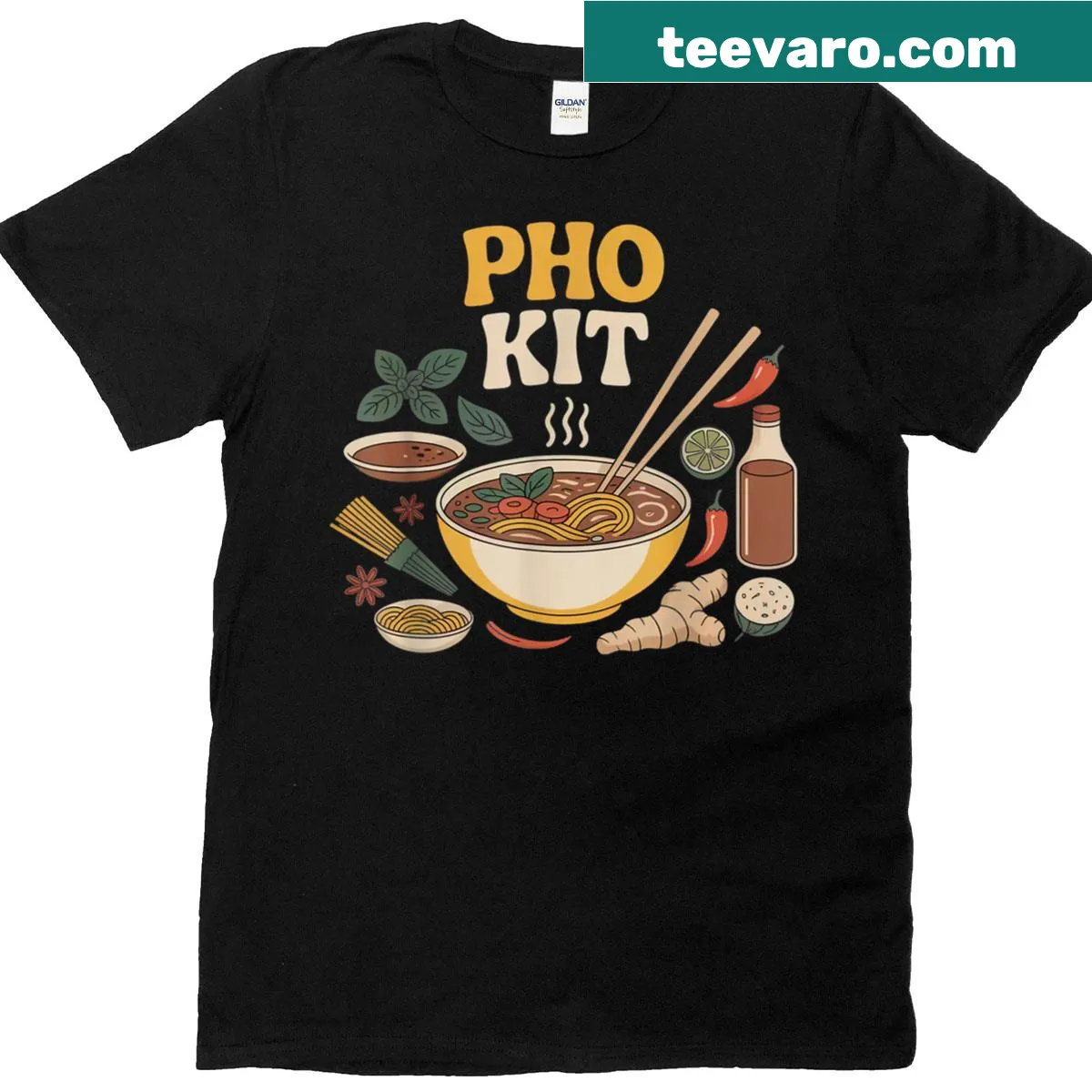 T-shirt featuring an illustration of a pho noodle bowl — on a men's t-shirt