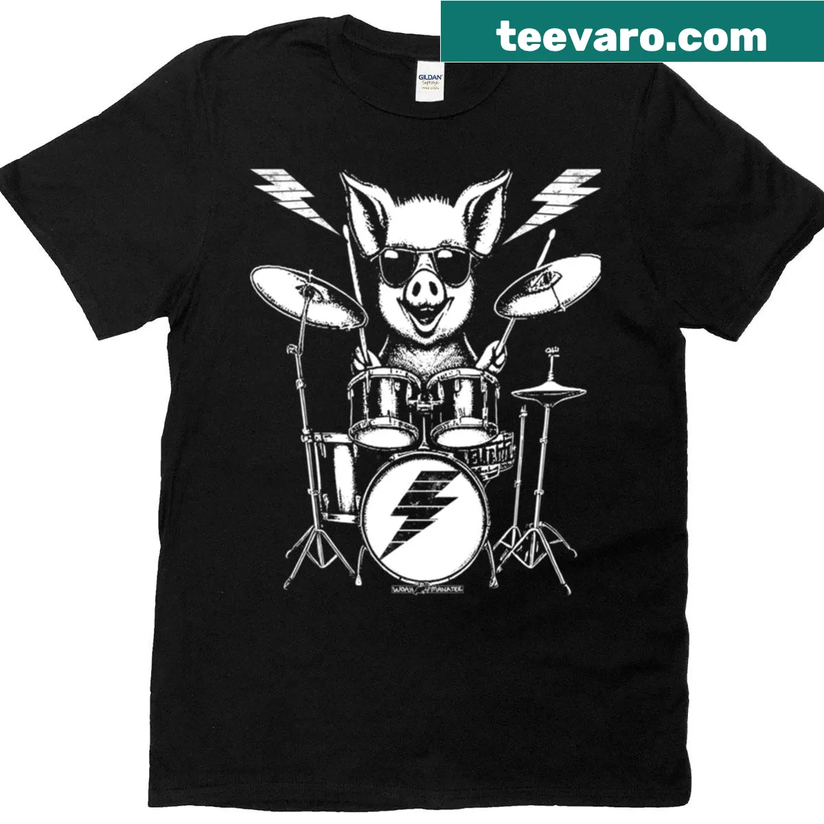 Cartoon pig playing the drums design on a T-shirt — on a men's t-shirt