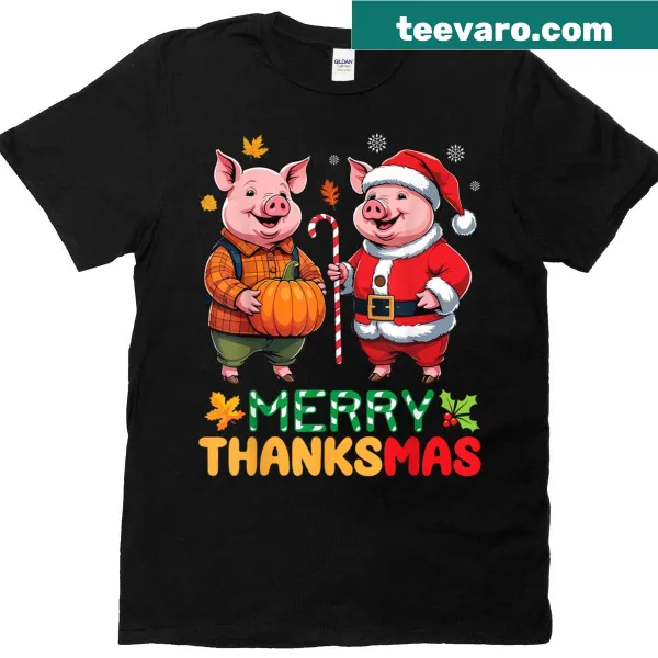 Illustrated pigs holding pumpkin and candy cane on a T-shirt