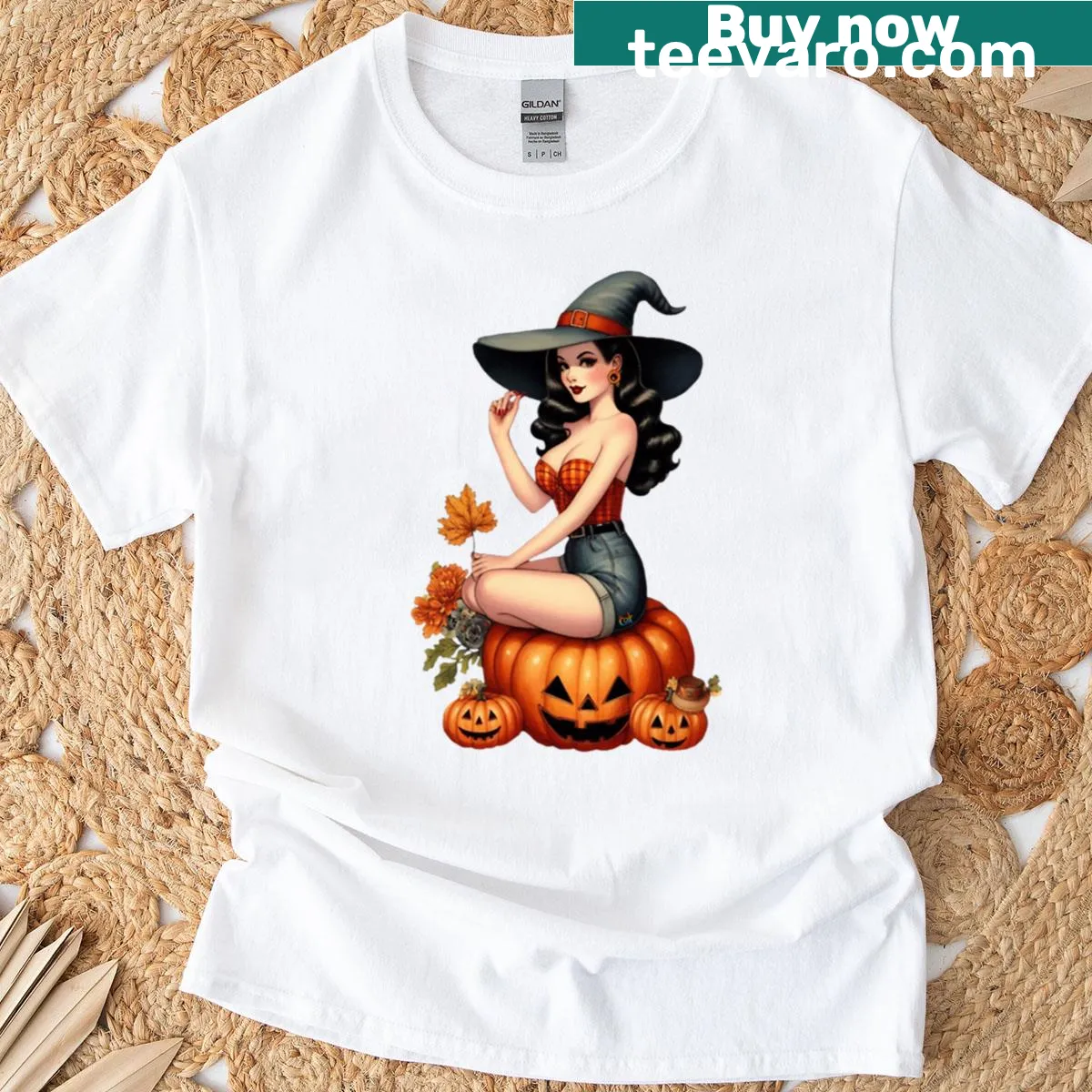 Vintage pin-up witch and pumpkin illustration on a Halloween t-shirt — on a men's t-shirt