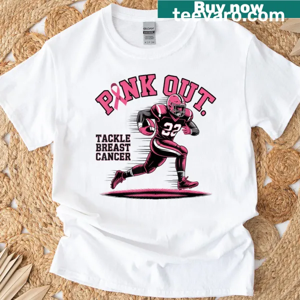 Football-themed t-shirt with a pink ribbon for breast cancer awareness