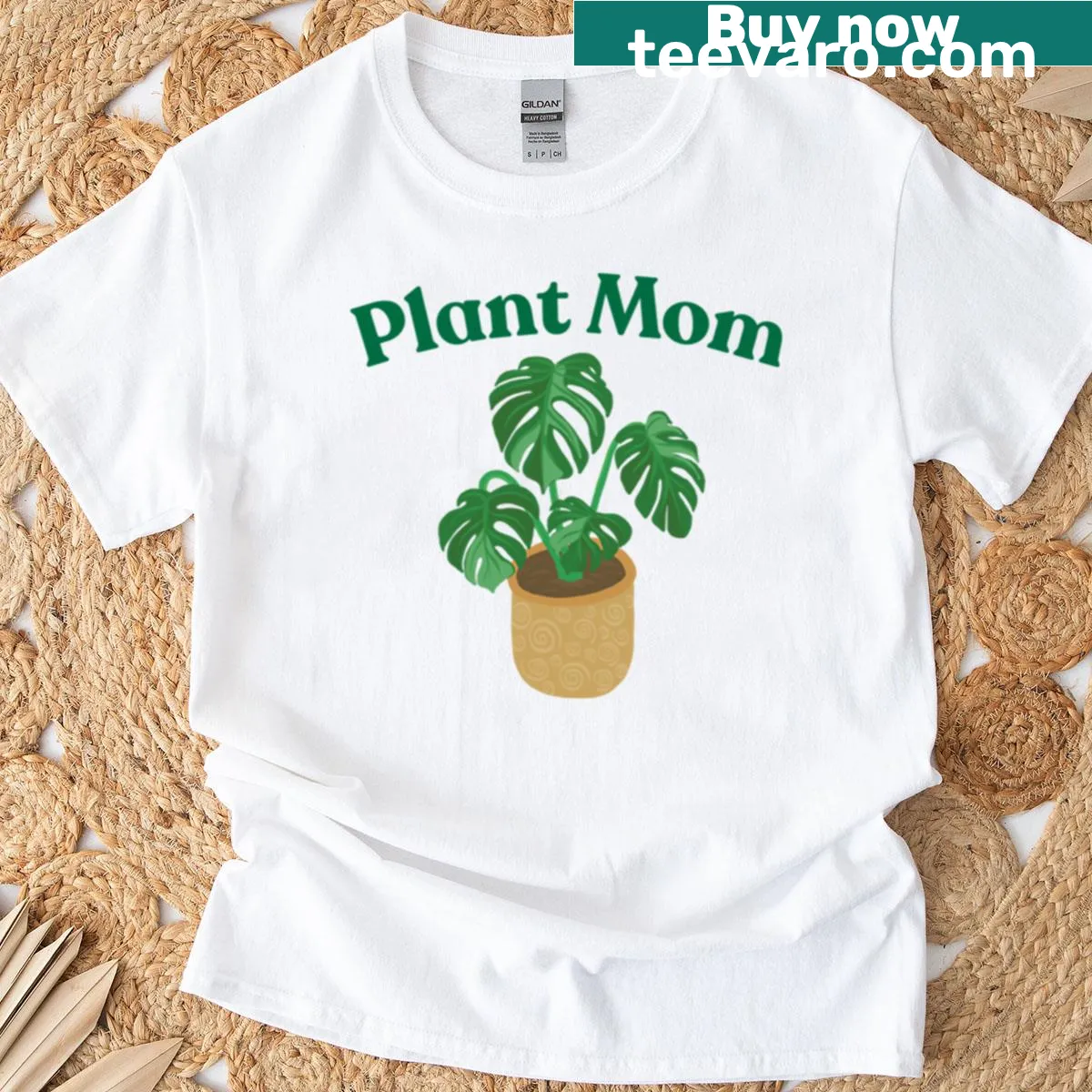 Text-based design reading 'Plant Mom' in a friendly font — on a men's t-shirt