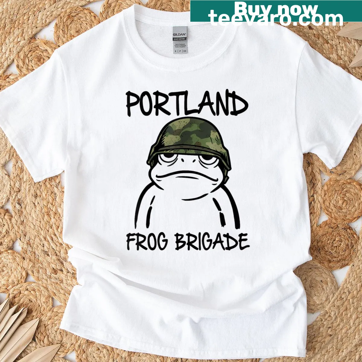 Illustration of frogs on a T-shirt with the phrase Frogs Together Are Strong. — on a men's t-shirt