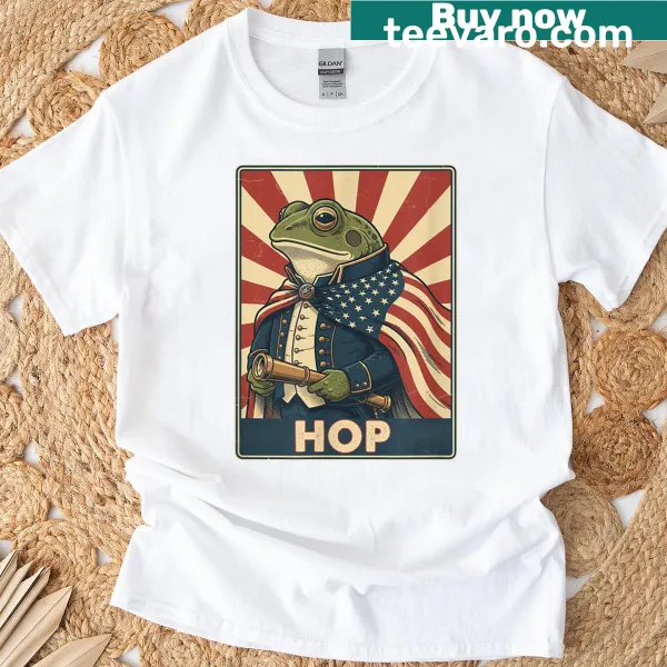 Vintage-style frog jumping on an American flag graphic