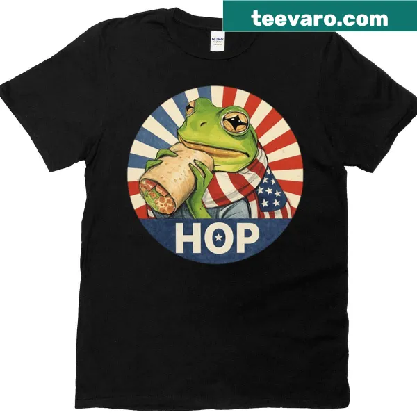 Whimsical frog illustration enjoying a burrito on a T-shirt