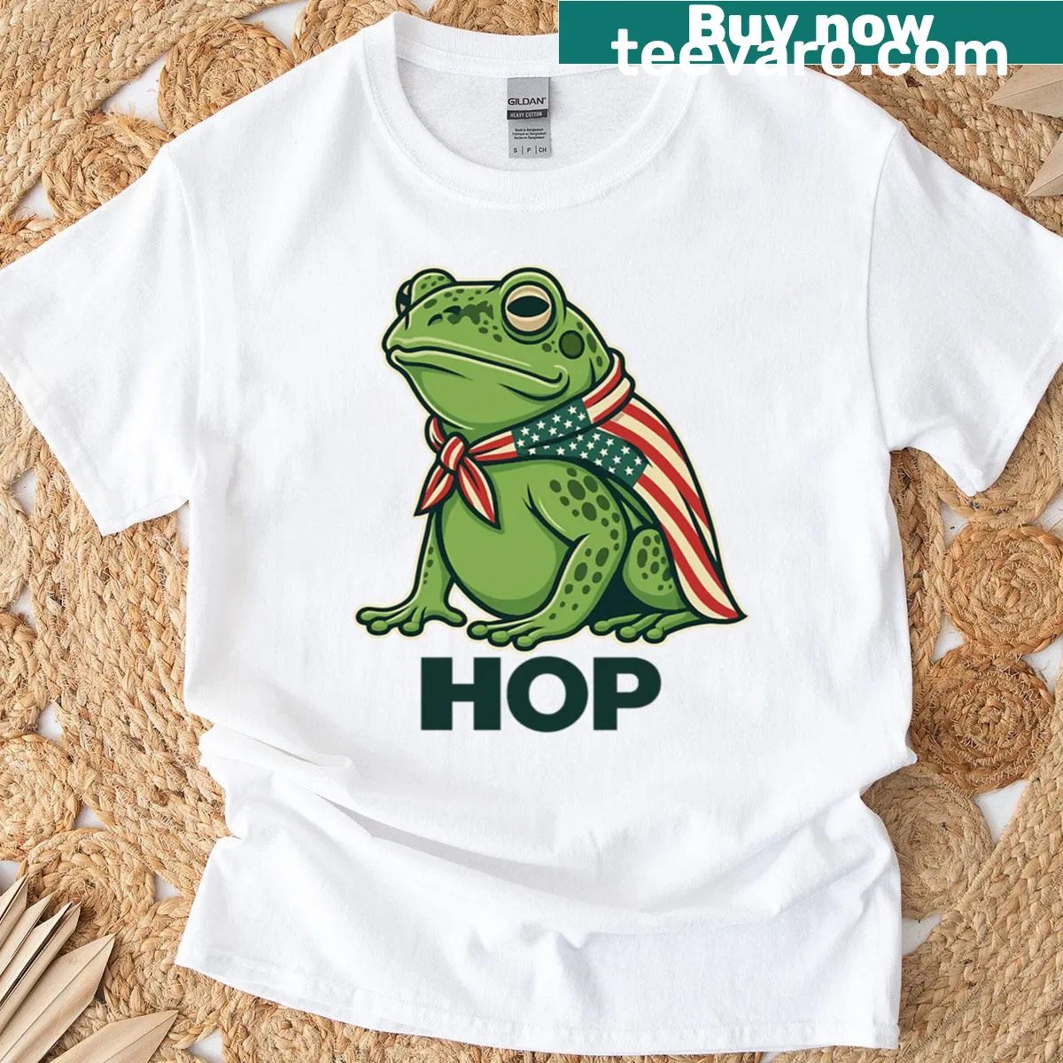 Vintage-inspired frog graphic on a patriotic T-shirt. — on a men's t-shirt