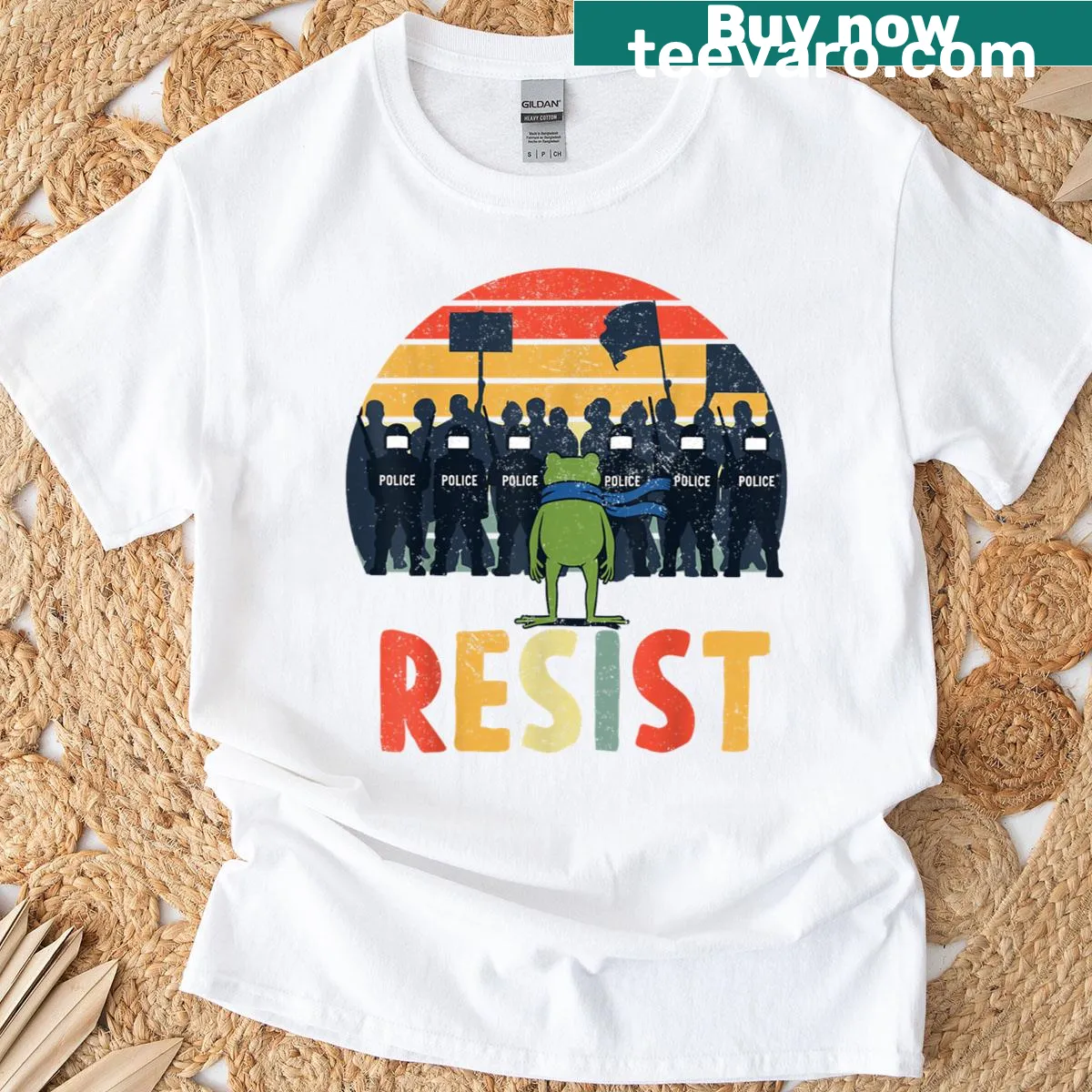 Frog-themed graphic tee promoting immigrant rights — on a men's t-shirt