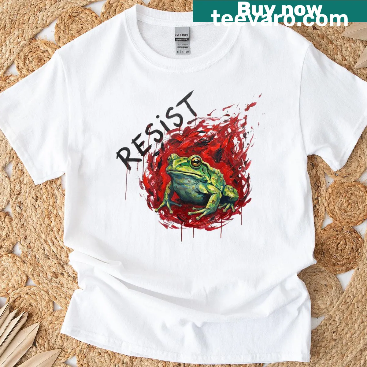 Artwork t-shirt featuring frog protest illustrations — on a men's t-shirt