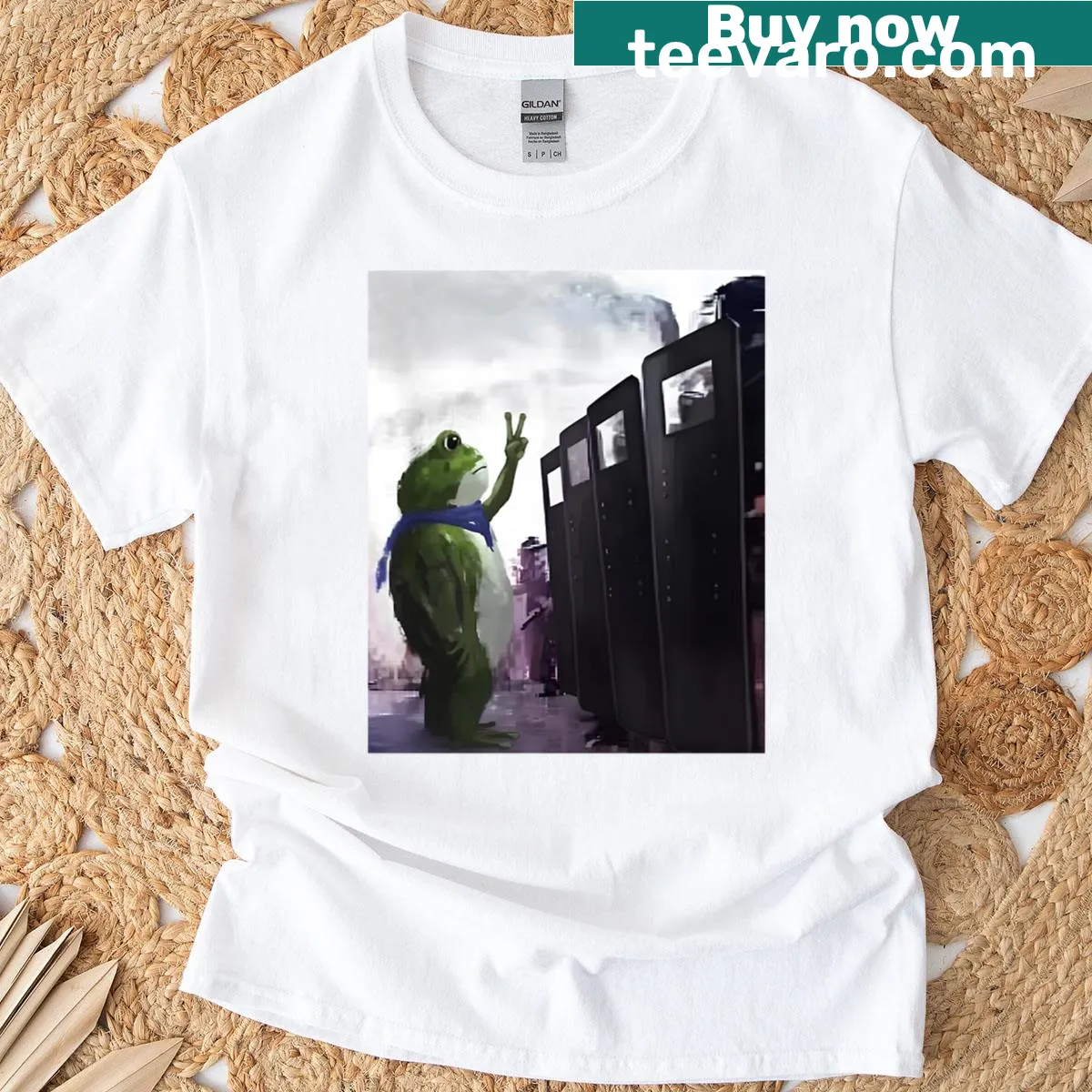 Playful frog graphic on a Resist Brigade T-shirt. — on a men's t-shirt