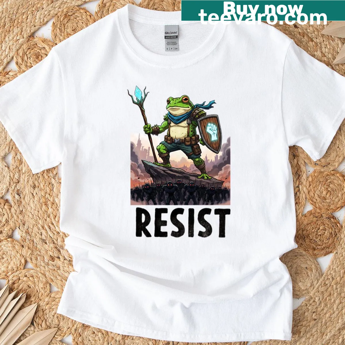 Playful frog graphic with the word Resist for activism — on a men's t-shirt