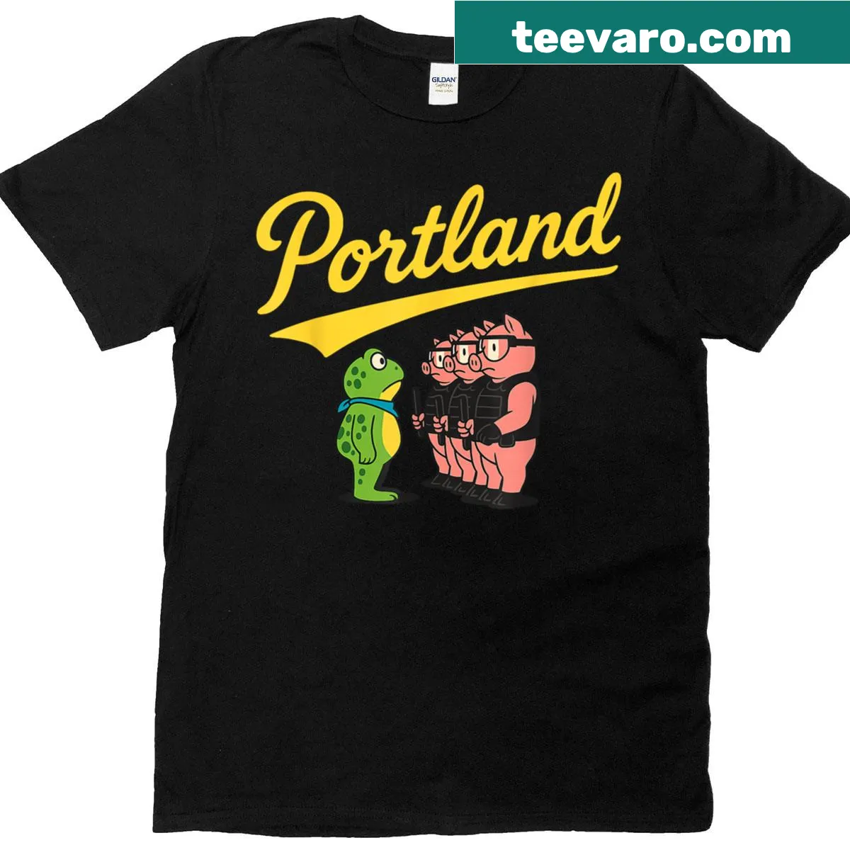 Political protest T-shirt with frog versus pigs design. — on a men's t-shirt