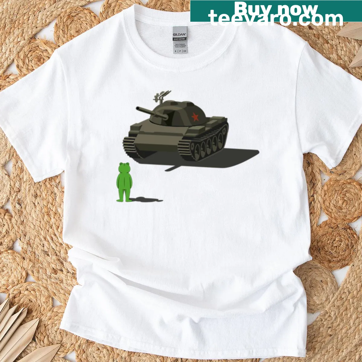 Oversized humorous frog tank top for activism — on a men's t-shirt