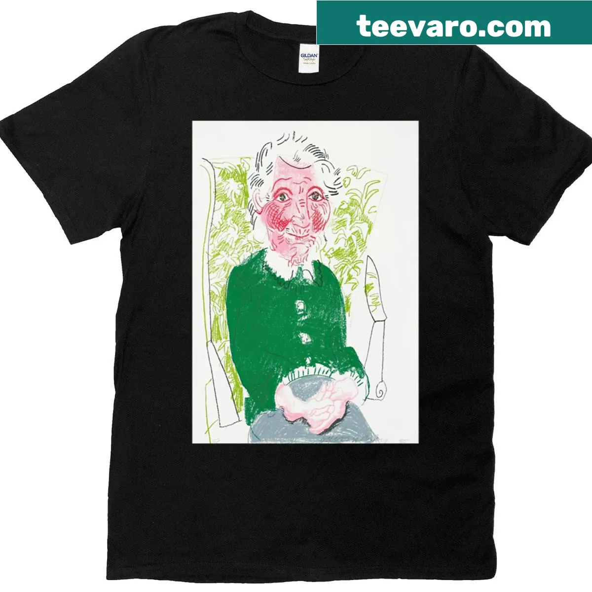 Minimalist art graphic of Hockney's 'Portrait Of Mother I' on a T-shirt — on a men's t-shirt