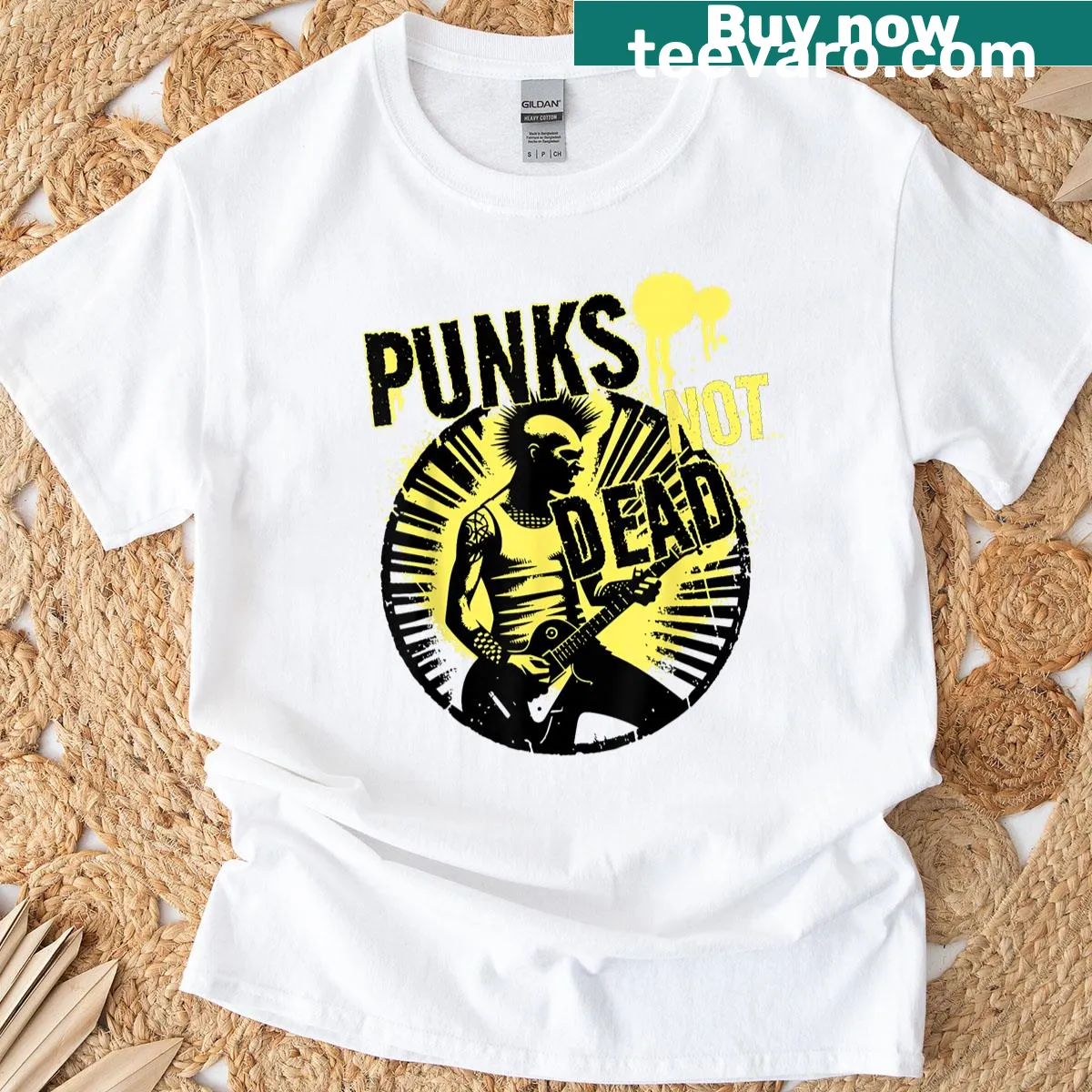 Edgy graphic featuring a mohawk with 'Punks Not Dead' message in grunge style — on a men's t-shirt