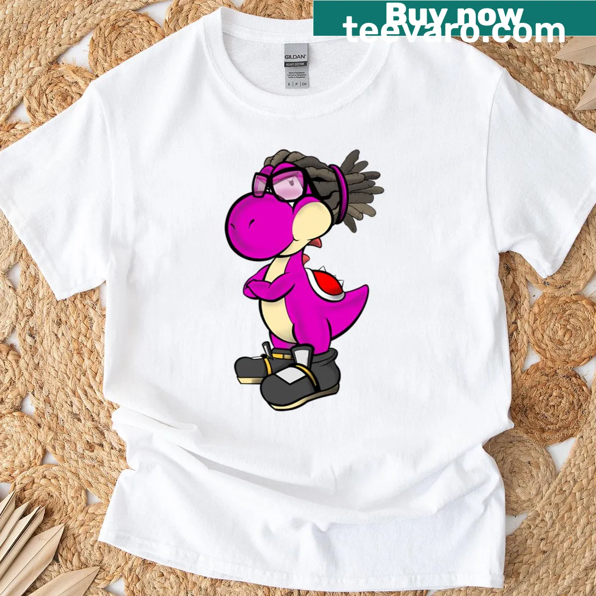 Cartoon t-shirt featuring a character with purple dreadlocks and glasses — on a men's t-shirt