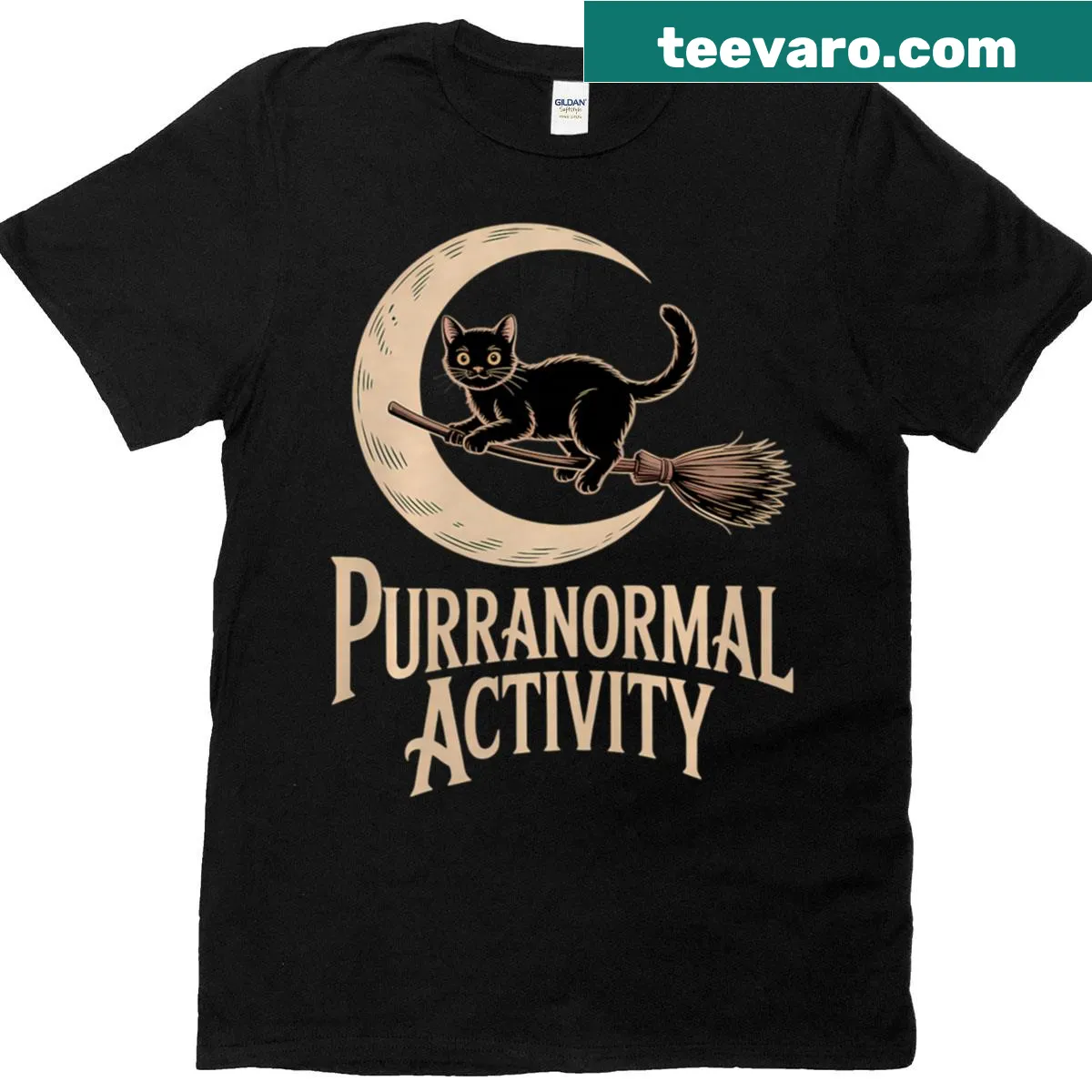 Halloween black cat on crescent moon t-shirt design — on a men's t-shirt