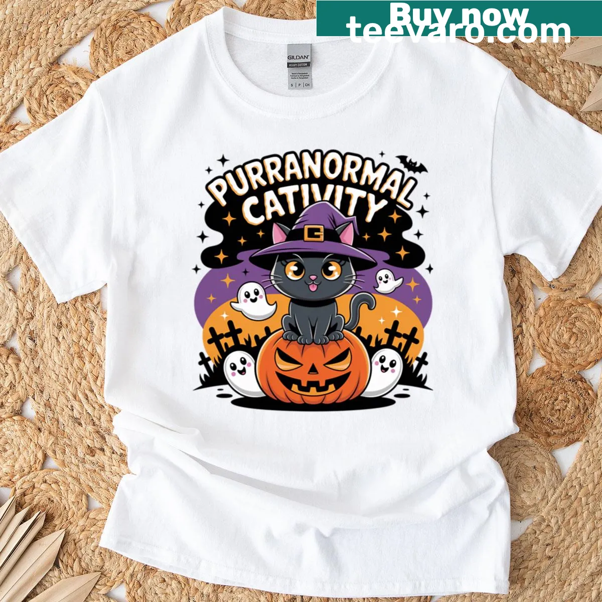 Funny cartoon black cat design for Halloween on a T-shirt. — on a men's t-shirt