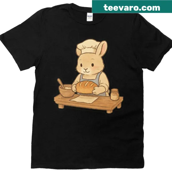 Illustrated t-shirt featuring a rabbit baking bread in a kitchen setting