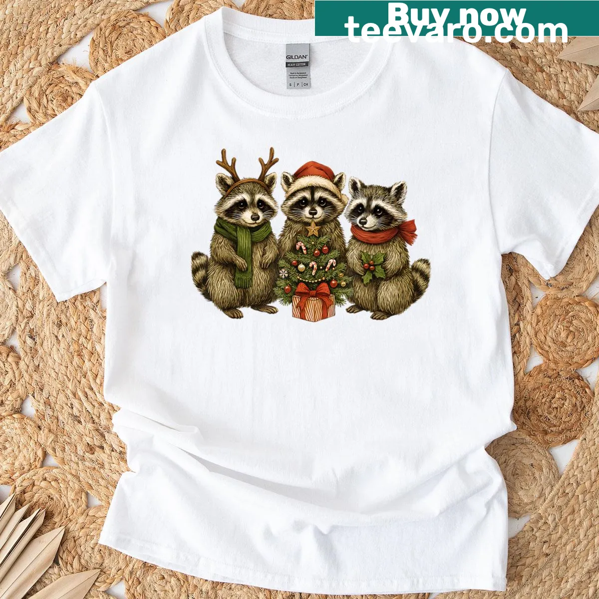 Cute raccoons in Santa hats and reindeer antlers for a festive design — on a men's t-shirt